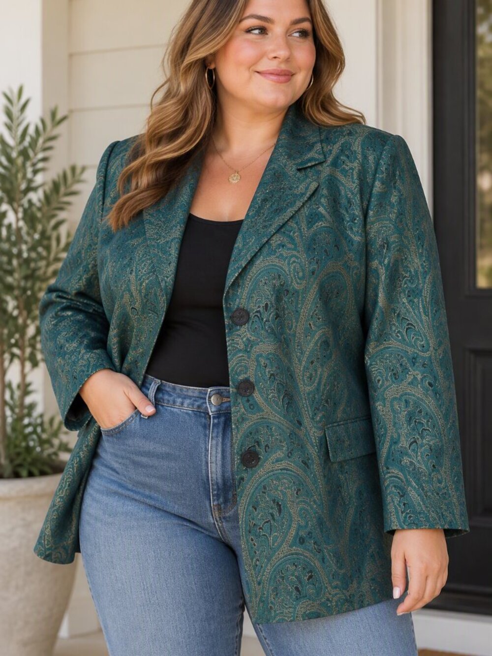 Plus Size Le Suit Women's Blazer Green Gold Tapestry Paisley Metallic 14W